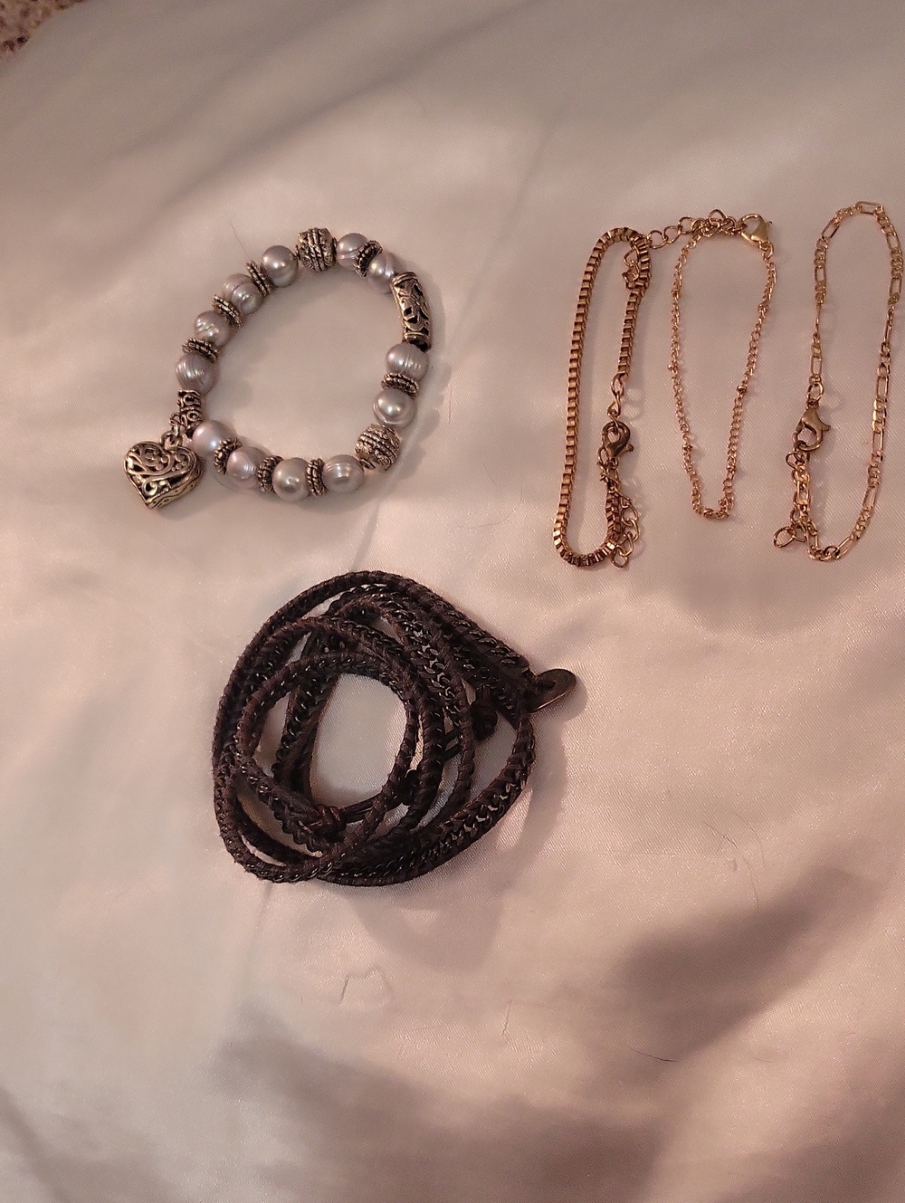 Bead Bracelet with Filigree Heart Charm  3 Gold Tone Bracelets & 1 Wrap Bracelet